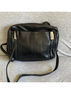 Liz Claiborne Black Faux Leather Crossbody Bag With Silver Accents & Multiple Co
